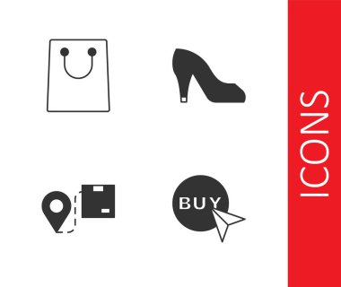 Satın alma düğmesi, kağıt alışveriş çantası, karton kutulu konum ve kadın ayakkabı ikonu. Vektör