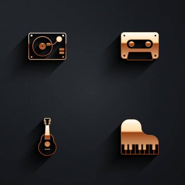 Vinil çalar ile vinil disk, Retro ses kaseti, Gitar ve uzun gölgeli Grand piyano ikonu ayarla. Vektör