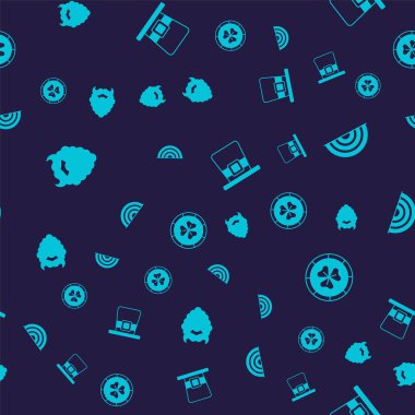 Bıyık ve sakal, Gökkuşağı, Leprikon şapkası ve altın leprikon sikkeyi kusursuz desenlere ayarlayın. Vektör