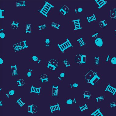 Kütüphane kitaplığı, Kol Sandalyesi, Bebek karyolası beşik yatağı ve kusursuz desen. Vektör