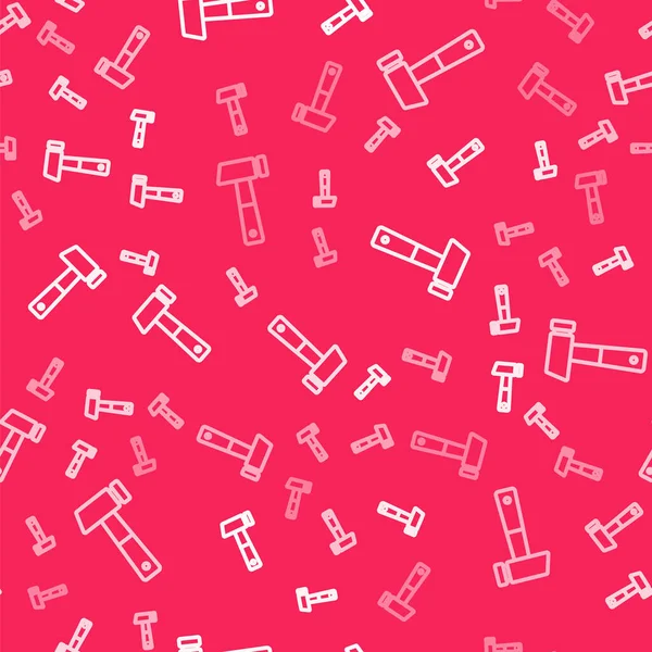 Beyaz çizgi çekiç simgesi kırmızı arkaplanda izole edilmiş. Tamir için bir araç. Vektör