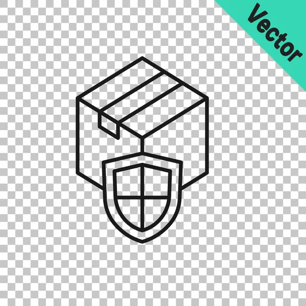 Şeffaf arkaplanda kalkan simgesi olan siyah hat teslimat güvenliği. Teslimat sigortası. Kalkanın ötesinde sigorta kutuları var. Vektör