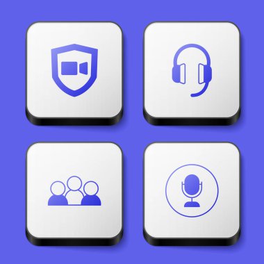 Video sohbet konferansı, kulaklıklar, toplantı ve mikrofon simgesi ayarla. Beyaz kare düğme. Vektör