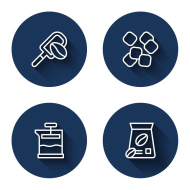 Spatula 'yı kahve tanecikli, küp şekerli, fransız pres makineli ve uzun gölgeli fasulyeli sıraya dizin. Mavi daire düğmesi. Vektör