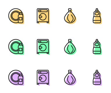 Çöp torbası, bulaşık deterjanı, bulaşık makinesi ve sıvı ikon. Vektör