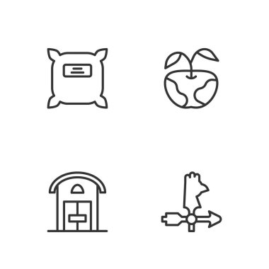 Horoz rüzgar gülü, çiftlik evi, tohum dolu paket ve Apple ikonu. Vektör