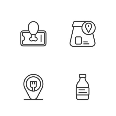 Bir şişe su, kafe ve restoran konumu, yemek siparişi cep telefonu ve çevrimiçi gıda ikonu. Vektör