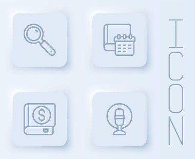 Çizgi büyüteç, günlük kağıt not defteri, finans kitabı ve mikrofon. Beyaz kare düğme. Vektör