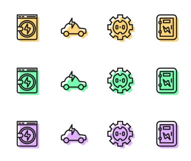 Elektrik prizi, çamaşır makinesi, araba ve panel simgesini ayarla. Vektör