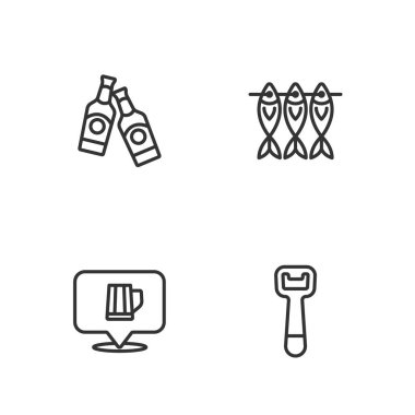 Şişe açacağı, tahta bira kupası, bira şişesi ve kurutulmuş balık ikonu. Vektör