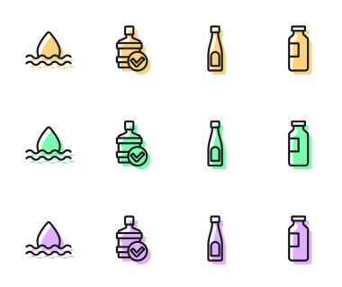 Bir şişe su, su damlası, temiz ve ikonlu büyük şişe. Vektör