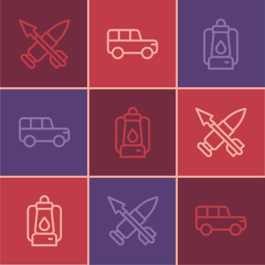 Hattı okla, kamp feneriyle ve Safari araba ikonuyla kesiştir. Vektör