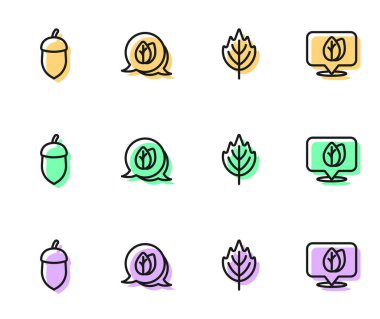 Yaprak ikonlu Yaprak, Meşe ve Konum hattını ayarlayın. Vektör