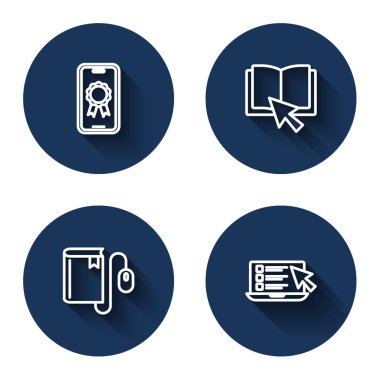 Online eğitimi diploma, kitap, elektronik fare ve sınav, test ve uzun gölgeli araştırma ile ayarla. Mavi daire düğmesi. Vektör