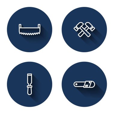 İkili testere, çapraz çekiç, keski aleti ve uzun gölgeli testere. Mavi daire düğmesi. Vektör