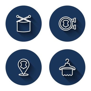 Sıraya girin. Örgü iğneleri, deri ve uzun gölgeli elbise dolabı. Mavi daire düğmesi. Vektör