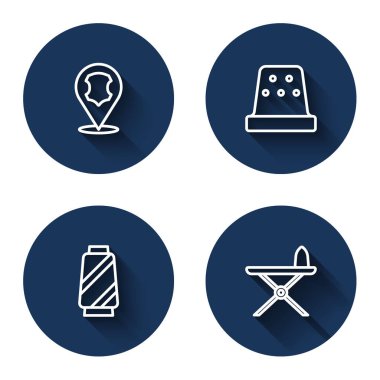 Hat Deri, Dikiş için Yüksük, Makara ipliği ve Elektrik ütüsü ve uzun gölgeli ütü tahtası. Mavi daire düğmesi. Vektör