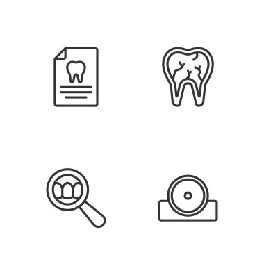 Otolaryngological baş reflektörü, dişçi araması, dişçi kartlı pano ve kırık diş simgesini ayarla. Vektör