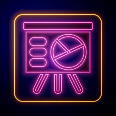 Grafik, çizelge, grafik, diyagram, bilgi grafiği ve siyah arkaplanda izole edilmiş turta grafik ikonu ile parlayan neon sunum finans kurulu. Vektör