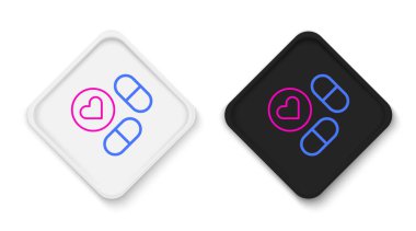 Beyaz arka planda izole edilmiş çizgi ilacı veya tablet ikonu. Kapsül hapı ve uyuşturucu işareti. Eczane tasarımı. Renkli taslak konsepti. Vektör