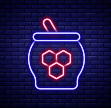 Parlayan neon hattı bal kavanozu ve ballı şeker çubuğu ikonu tuğla duvar arkasında izole edilmiş. Yiyecek bankası. Tatlı doğal gıda sembolü. Tatlı kepçe. Renkli taslak konsepti. Vektör