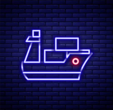 Parlayan neon hattı kargo gemisi simgesi tuğla duvar arkasında izole edildi. Renkli taslak konsepti. Vektör