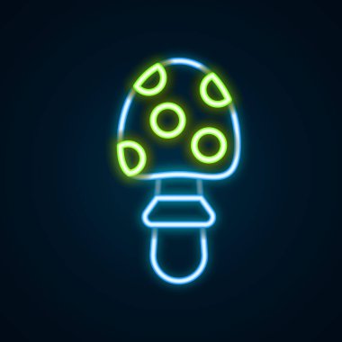 Parlayan neon hattı Amanita muscaria ya da siyah arka planda izole edilmiş agarik halüsinojenik mantar mantar ikonu. Benekli zehirli mantar. Renkli taslak konsepti. Vektör