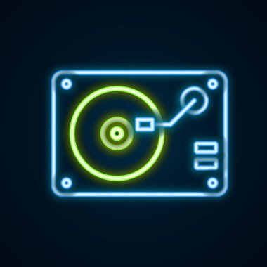 Siyah arkaplanda izole edilmiş vinil disk simgesi olan parlak neon çizgili Vinil oynatıcı. Renkli taslak konsepti. Vektör
