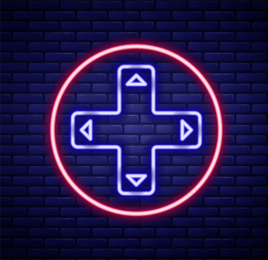 Parlayan neon hattı oyun denetleyici ya da oyun konsolu simgesi için joystick tuğla duvar arka planında izole. Renkli taslak konsepti. Vektör