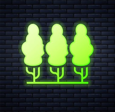 Parlayan neon meyve ağaçları simgesi tuğla duvar arka planında izole edilmiş. Tarım fabrikası. Organik tarım ürünü. Meyve bahçesi. Bahçe teması. Vektör
