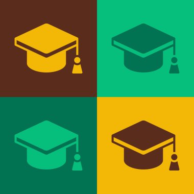 Pop Art Graduation Capduation ikonu renk arkaplanında izole edildi. Tassel ikonlu mezuniyet şapkası. Vektör