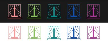 Pencereyi, siyah ve beyaz arkaplanda izole edilmiş oda simgesine perde ile ayarla. Vektör