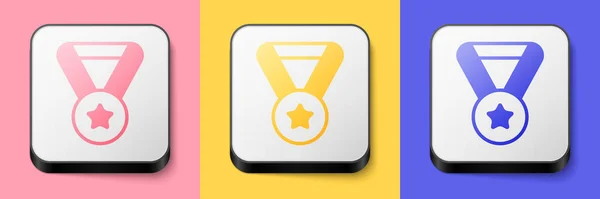 Ikona Izometrické Medaile Izolované Růžovém Žlutém Modrém Pozadí Symbol Vítěze — Stockový vektor