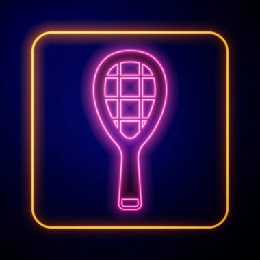 Parlayan neon tenis raket ikonu siyah arkaplanda izole edildi. Spor malzemeleri. Vektör