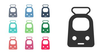 Siyah tren ve demiryolu ikonu beyaz arka planda izole edildi. Toplu taşıma sembolü. Metro treni nakliyesi. Metro yeraltı. Simgeleri renklendirin. Vektör