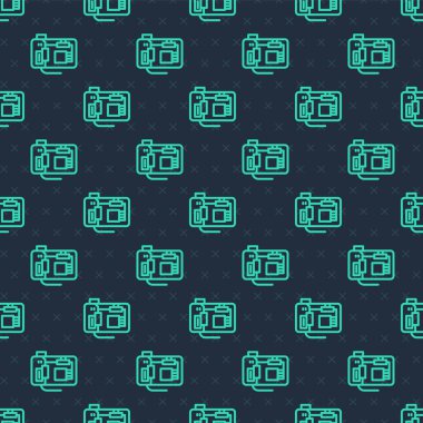 Yeşil çizgi Elektronik bilgisayar bileşenleri anakart dijital çip entegre bilim ikonu mavi arka planda izole edilmiş kusursuz desen. Devre kartı. Vektör