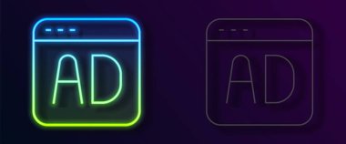 Parlayan neon hattı reklam simgesi siyah arkaplanda izole edildi. Pazarlama ve tanıtım süreci kavramı. İlgili reklamlar. Sosyal medya reklamcılığı. Vektör