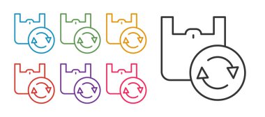 Beyaz arkaplanda izole edilmiş geri dönüşüm simgesine sahip kağıt alışveriş poşeti ayarla. Geri dönüşüm sembollü çanta. Simgeleri renklendirin. Vektör