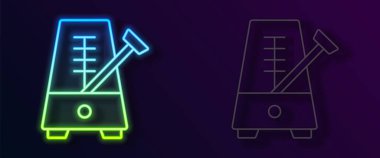 Siyah arkaplanda izole edilmiş hareket simgesiyle parlayan neon çizgisi Klasik Metronom. Müzik ve ritim mekanizması. Vektör