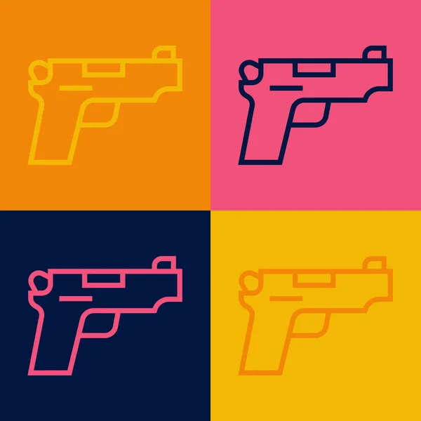 Pop art lijn Pistol of pistool pictogram geïsoleerd op kleur achtergrond. Politie of militair pistool. Klein vuurwapen. Vector — Stockvector