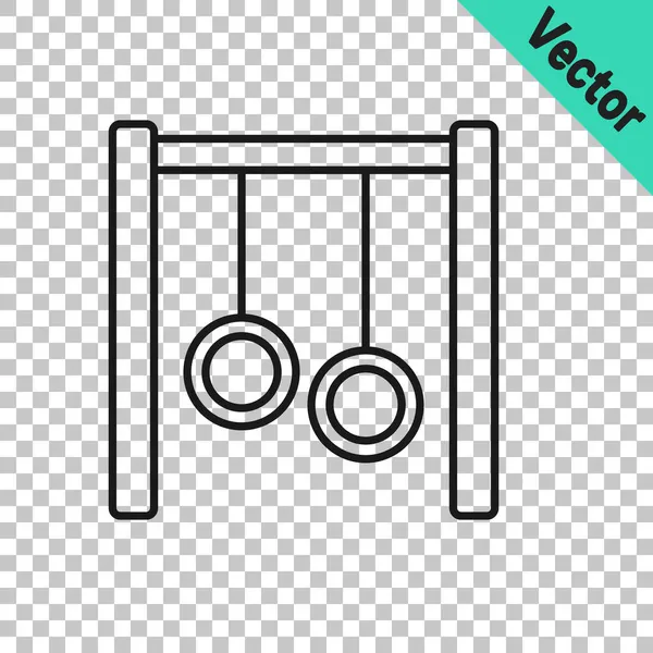 Schwarze Linie Gymnastikringe Symbol isoliert auf transparentem Hintergrund. Spielgeräte mit Hängeseil mit Ringen. Vektor — Stockvektor