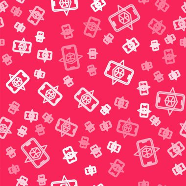 Beyaz çizgi 3D modelleme simgesi kırmızı arkaplanda izole edilmiş pürüzsüz desen. Artırılmış gerçeklik mi yoksa sanal gerçeklik mi? Vektör