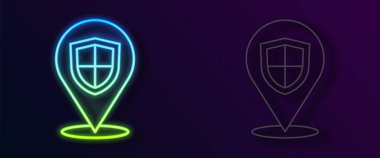 Parlayan neon hattı konum simgesi siyah arkaplanda izole edildi. Sigorta konsepti. Gardiyan. Güvenlik, güvenlik, koruma, gizlilik kavramı. Vektör