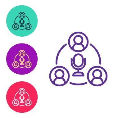 Çizgi Buluşma simgesi beyaz arkaplanda izole edildi. İş ekibi toplantısı, tartışma konsepti, analiz, içerik stratejisi. Sunum konferansı. Simgeleri renklendirin. Vektör