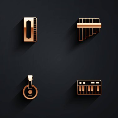 Mızıka, Pan flütü, Banjo ve Müzik sentezleyici ikonunu uzun gölgeli ayarla. Vektör