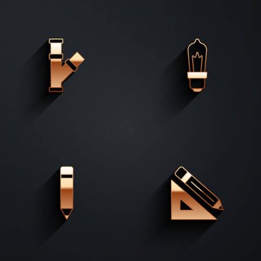 Endüstriyel metalik boru, ampul, silgiyle kalem, üçgen cetvel ve uzun gölgeli kalem ikonu ayarla. Vektör