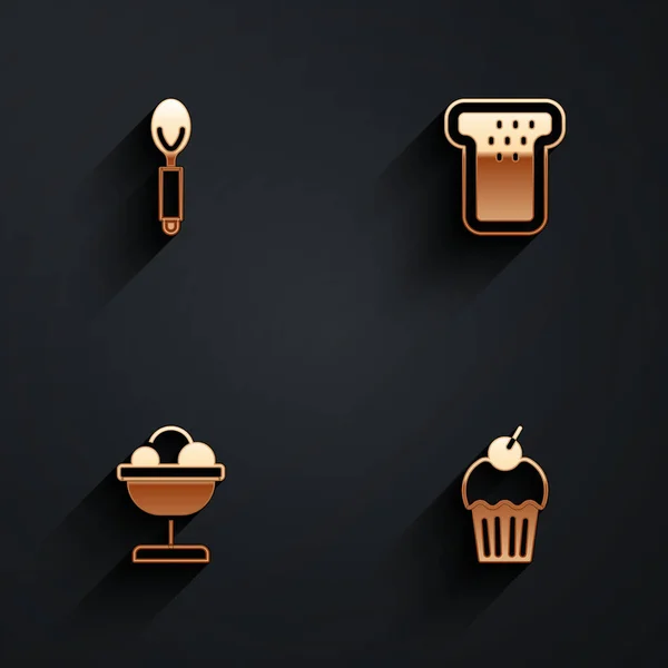 Set Löffel, Brot Toast, Eis in der Schüssel und Muffin-Symbol mit langem Schatten. Vektor — Stockvektor