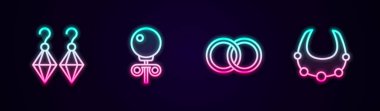 Sabit çizgi küpeler, küpe, düğün ve kolye. Parlayan neon ikonu. Vektör