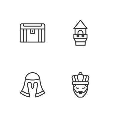 Kral 'ı taç, ortaçağ miğferi, antik hazine sandığı ve kale kulesi ikonu ile hizaya sokun. Vektör