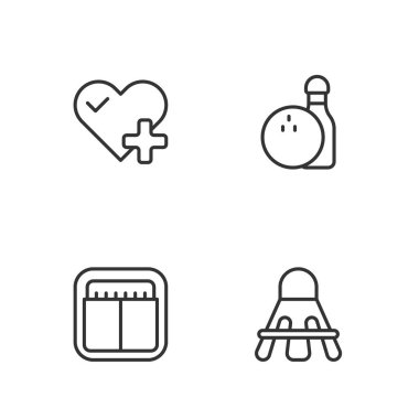 Badminton mekiği, spor mekanik skorbordu, kalp atış hızı ve bowling lobut ve top ikonu. Vektör